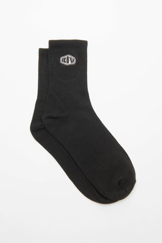 Black sock with a logo on a white background